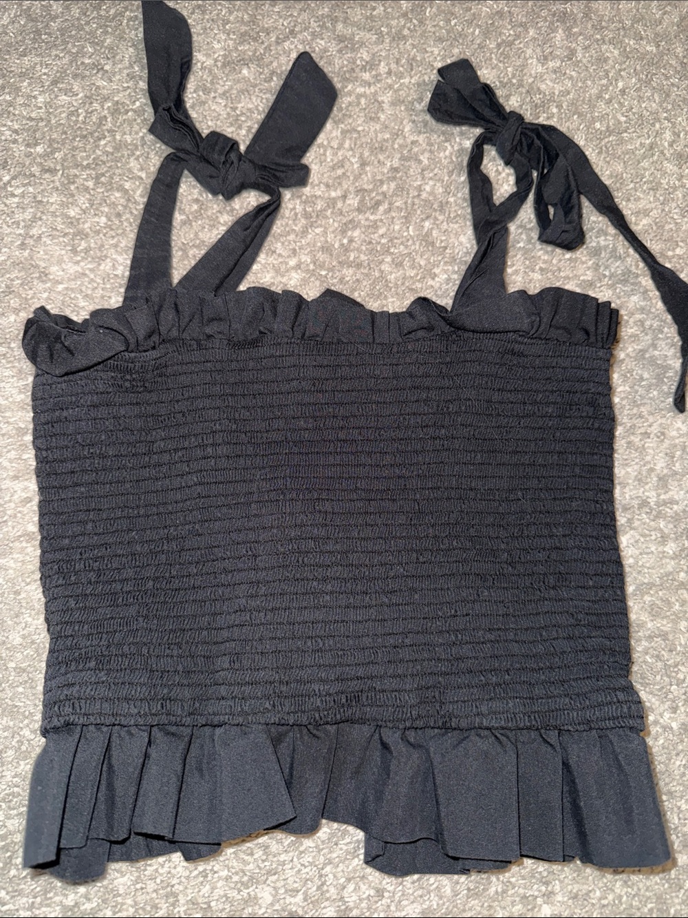 SO Black Smocked Ruffle Tie-Shoulder Tie-back!